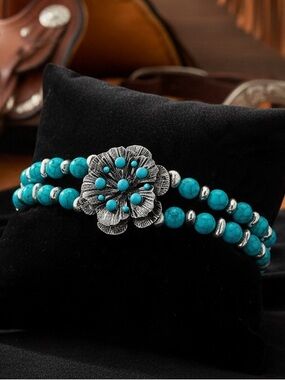 Western Turquoise Flower Beaded Stretch Bracelet Boho Glam Cowgirl  Cottagecore